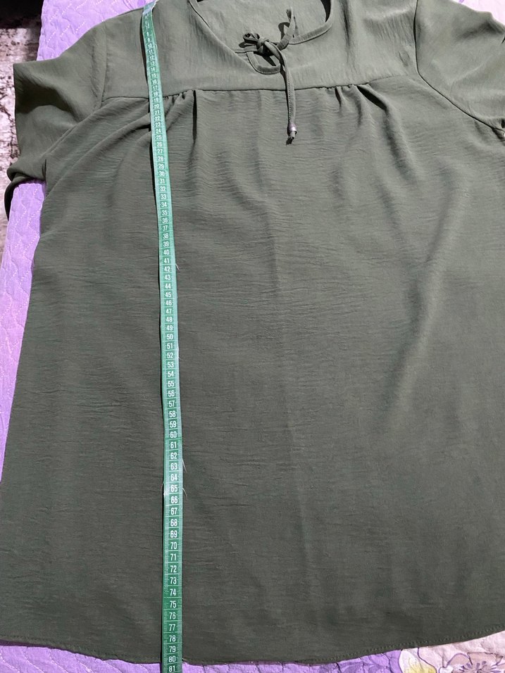 Kadın Haki Keten Midi Tunik, Düğmeli, Uzun Kollu - Görsel 3