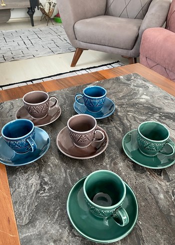 Çok Renkli porselen Kahve Fincanları ve Tabağı Seti - Görsel 2