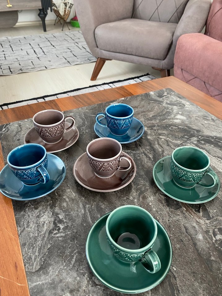 Çok Renkli porselen Kahve Fincanları ve Tabağı Seti - Görsel 2