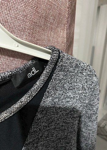 Gri V Yakalı Uzun Kollu Triko elbise - Görsel 4