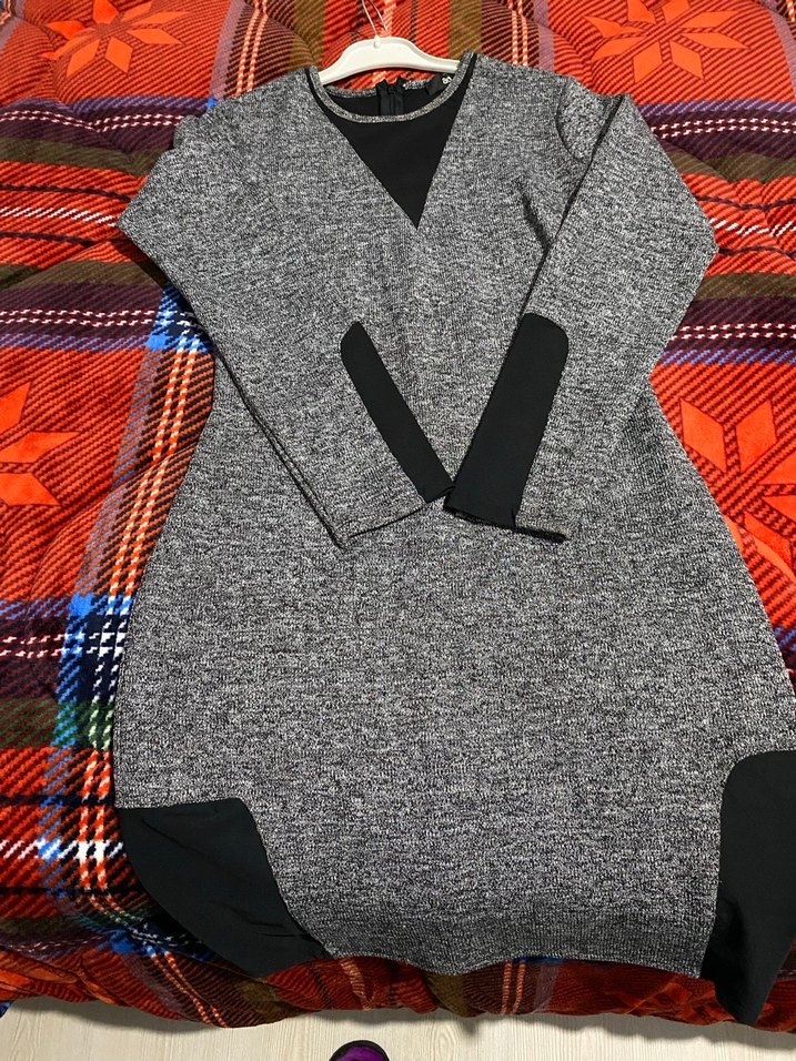 Gri V Yakalı Uzun Kollu Triko elbise - Görsel 2