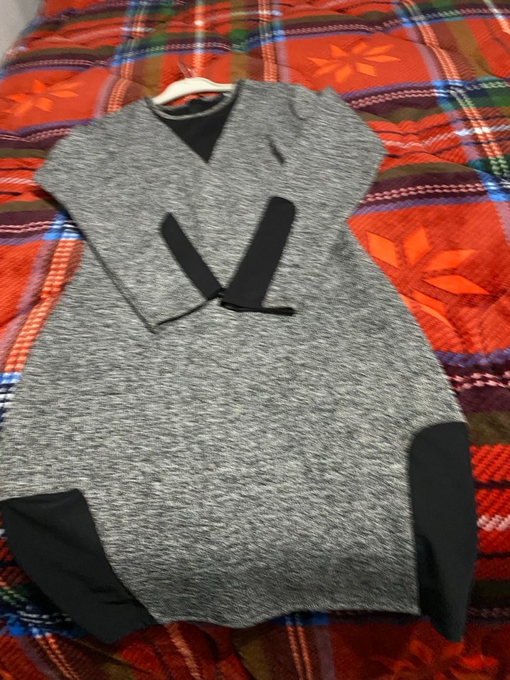 Gri V Yakalı Uzun Kollu Triko elbise - Görsel 3