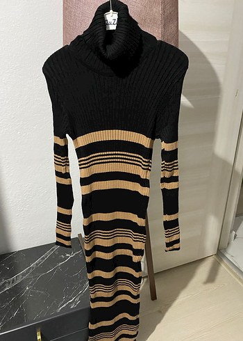 Çizgili Boğazlı Uzun Triko Elbise - Görsel 2