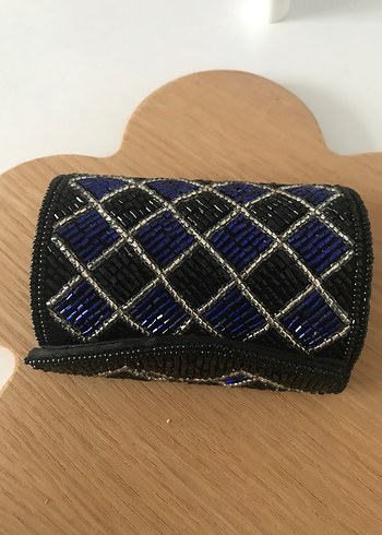 Boncuk İşlemeli Lacivert Kadın Mini Çanta takı kutusu aynalı