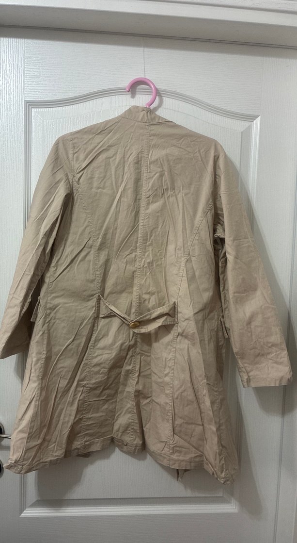 Bej Düğmeli Midi Keten Kadın Ceket - Görsel 5