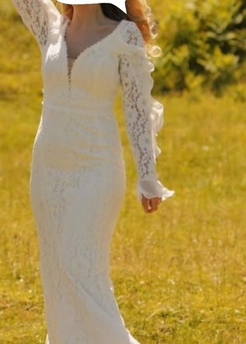 Uzun Kollu tül detaylı Denizkızı Gelinlik - Görsel 2