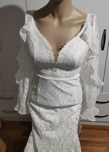 Uzun Kollu tül detaylı Denizkızı Gelinlik - Görsel 8