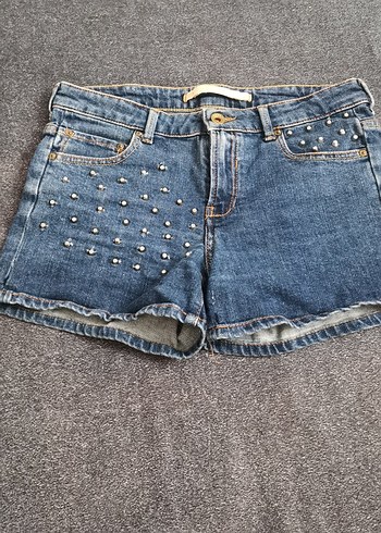 Punt  Detaylı Mavi Mini Denim Şort - Görsel 3
