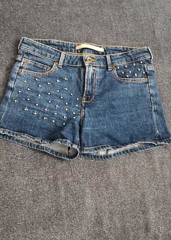 Punt  Detaylı Mavi Mini Denim Şort - Görsel 2