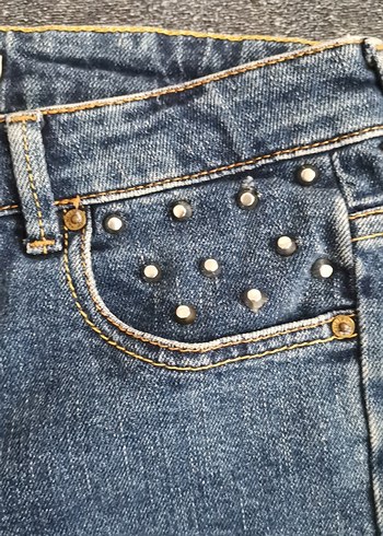 Punt  Detaylı Mavi Mini Denim Şort - Görsel 5