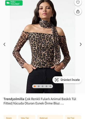 Trendyol Milla leopar tül fularlı bluz