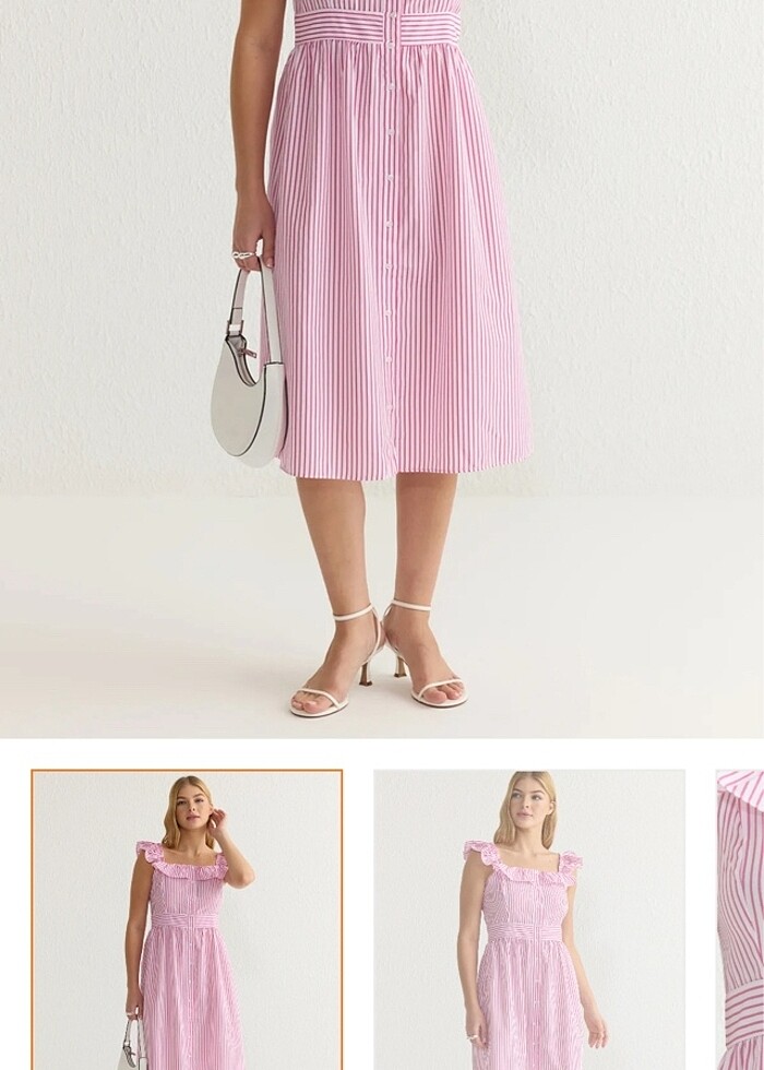 Çizgili Fırfırlı Midi Dokuma Elbise - Görsel 3