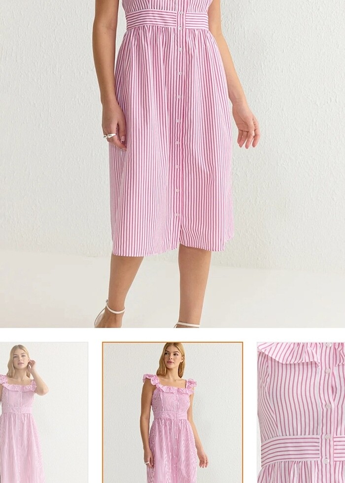 Çizgili Fırfırlı Midi Dokuma Elbise - Görsel 2