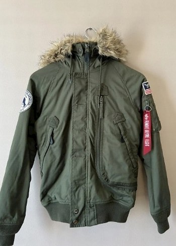 s Beden yeşil Renk Alpha Industries Kürk Detaylı Kamuflaj Kadın Kışlık Mont