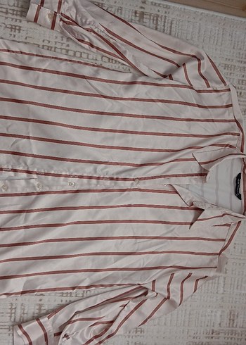 Düğmeli Beyaz kahve Çizgili Uzun Kollu Gömlek - Görsel 2