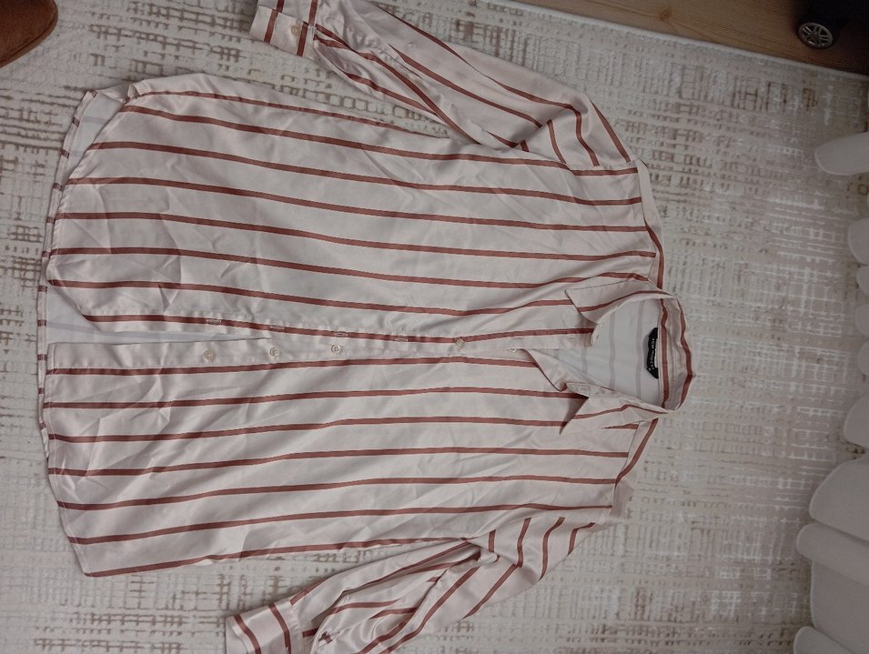 Düğmeli Beyaz kahve Çizgili Uzun Kollu Gömlek - Görsel 2