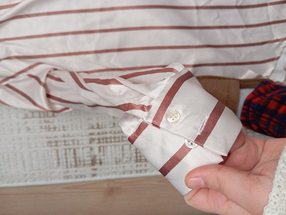 Düğmeli Beyaz kahve Çizgili Uzun Kollu Gömlek - Görsel 5