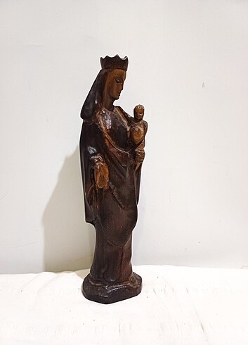 Ahşap Sanat Antika Ahşap Meryem ve Bebek İsa Heykeli 