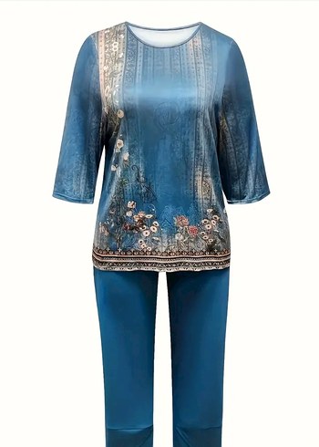 Lacivert Bohem Dantel Detaylı Uzun Kadın Takım - Görsel 2