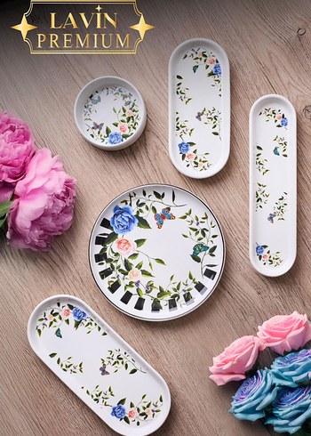 Lavin Premium Beyaz Çiçek Desenli 5 Parça Tabak Seti