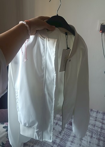xs Beden Kadın Beyaz Fermuarlı Spor Ceket