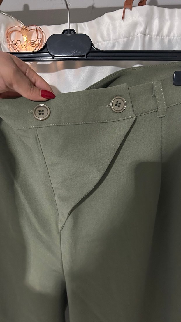 Haki Bol Kesim Kumaş Pantolon - Görsel 2