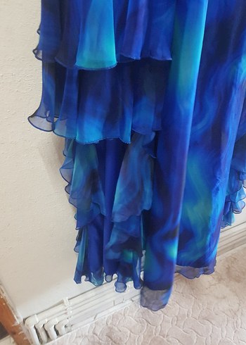 Straplez Mavi Uzun Katlı Abiye Elbise - Görsel 6