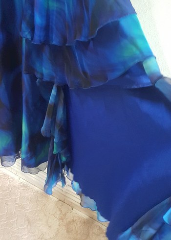 Straplez Mavi Uzun Katlı Abiye Elbise - Görsel 3