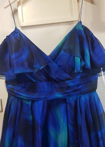 Straplez Mavi Uzun Katlı Abiye Elbise - Görsel 5