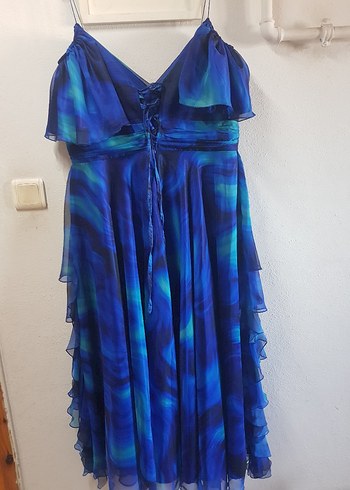 Straplez Mavi Uzun Katlı Abiye Elbise - Görsel 4