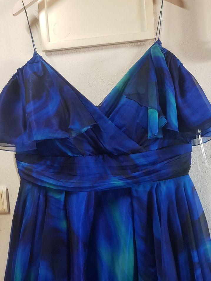 Straplez Mavi Uzun Katlı Abiye Elbise - Görsel 5