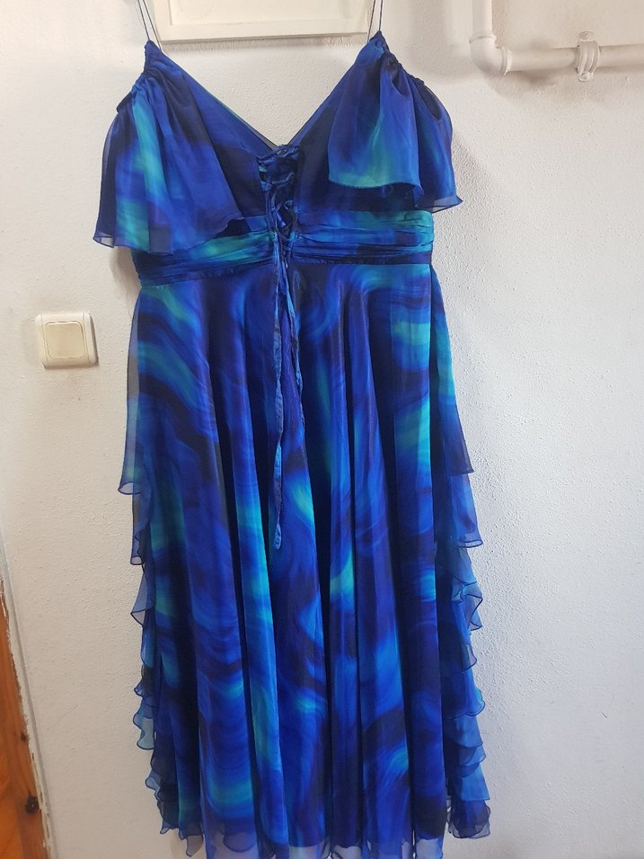 Straplez Mavi Uzun Katlı Abiye Elbise - Görsel 4