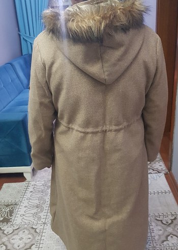 Kürklü Kapüşonlu Bej Midi Kadın Kaban - Görsel 7