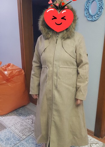 Kürklü Kapüşonlu Bej Midi Kadın Kaban - Görsel 3