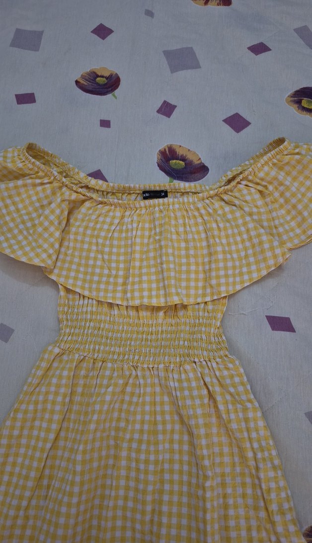 Sarı Kareli Midi Boy Fırfırlı Bohem Elbise - Görsel 3