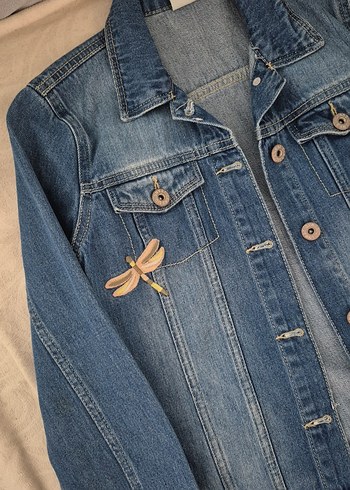 12-13 Yaş Beden Nakışlı Mavi Denim Çocuk Ceket