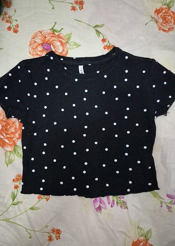 Siyah puantiyeli tşirt (crop tarzı) S beden - Görsel 2