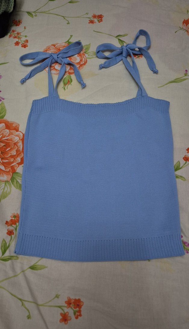 Mavi Bulut Nakışlı Triko Askılı Bluz - Görsel 2