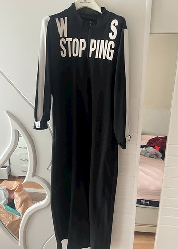 38 Beden Siyah Baskılı Uzun Kollu Spor Sweatshirt elbise