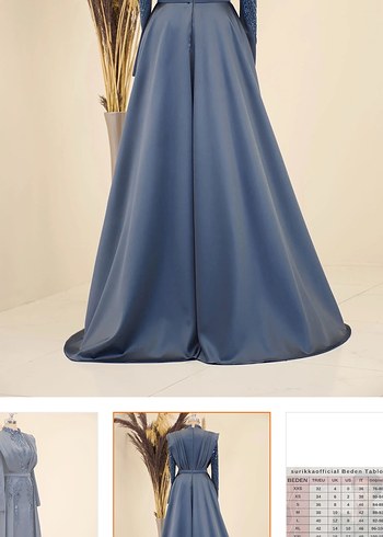 Uzun Kollu İşlemeli Gri Abiye Elbise - Görsel 3