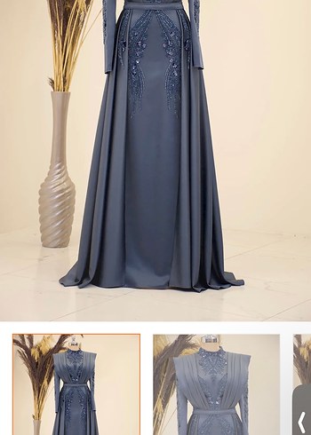 Uzun Kollu İşlemeli Gri Abiye Elbise - Görsel 5