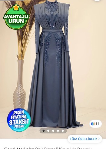 Uzun Kollu İşlemeli Gri Abiye Elbise - Görsel 2