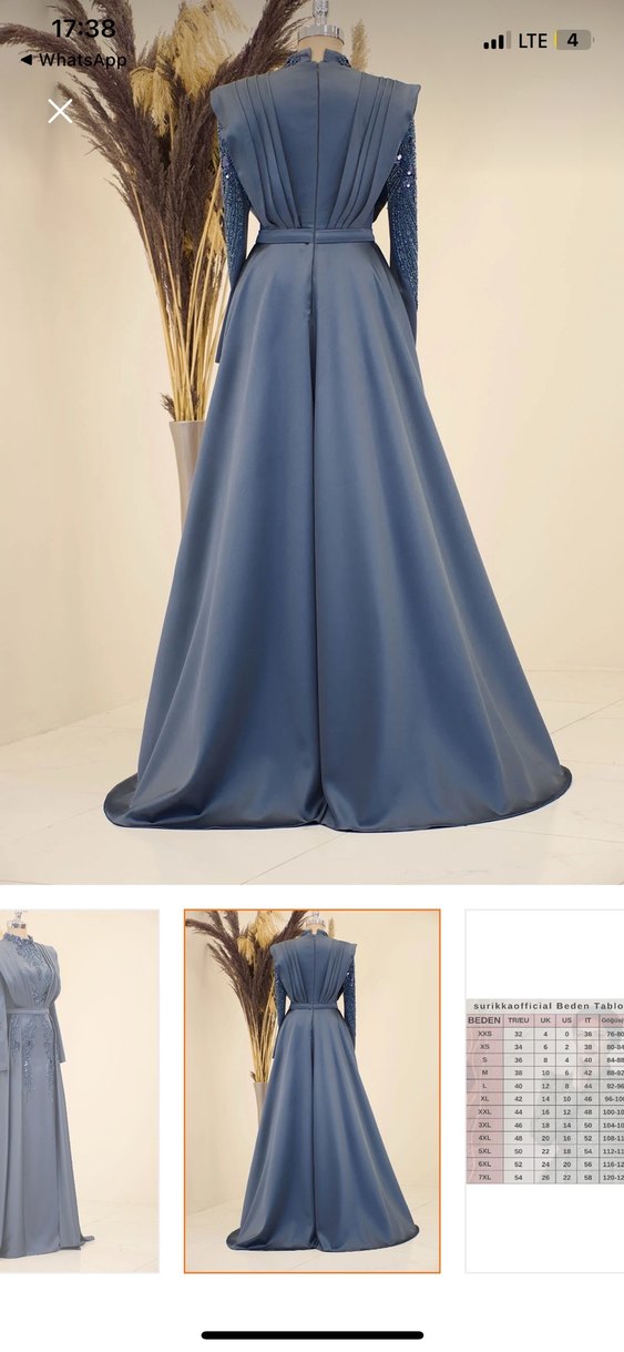 Uzun Kollu İşlemeli Gri Abiye Elbise - Görsel 3