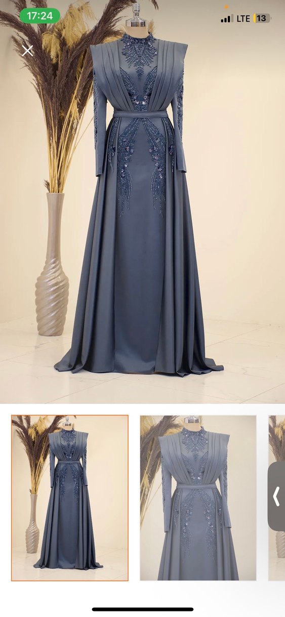 Uzun Kollu İşlemeli Gri Abiye Elbise - Görsel 5