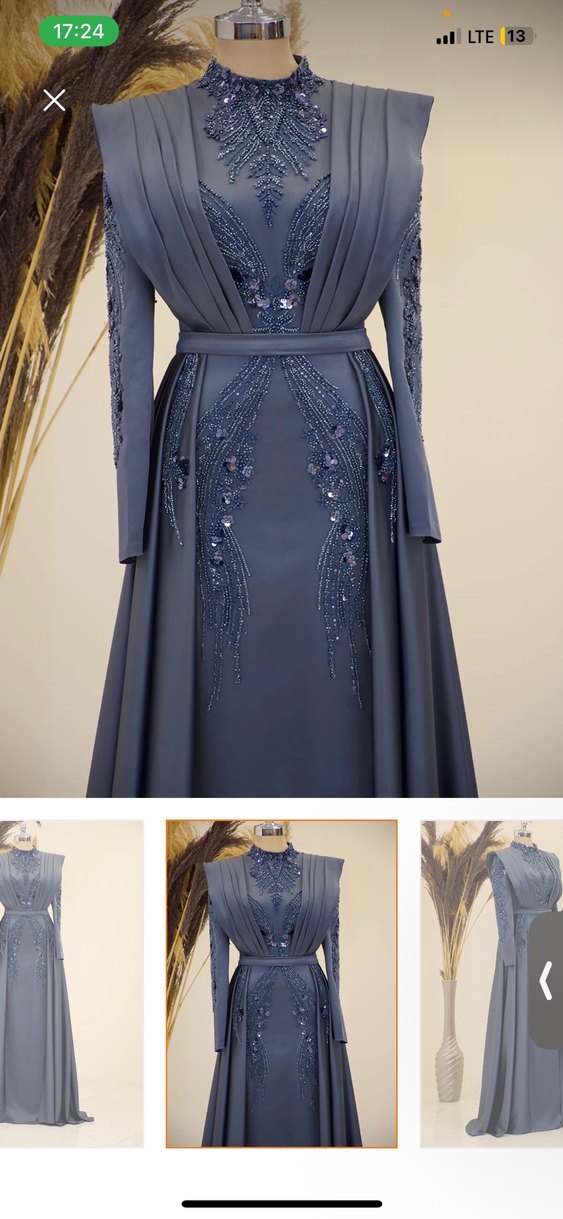 Uzun Kollu İşlemeli Gri Abiye Elbise - Görsel 4