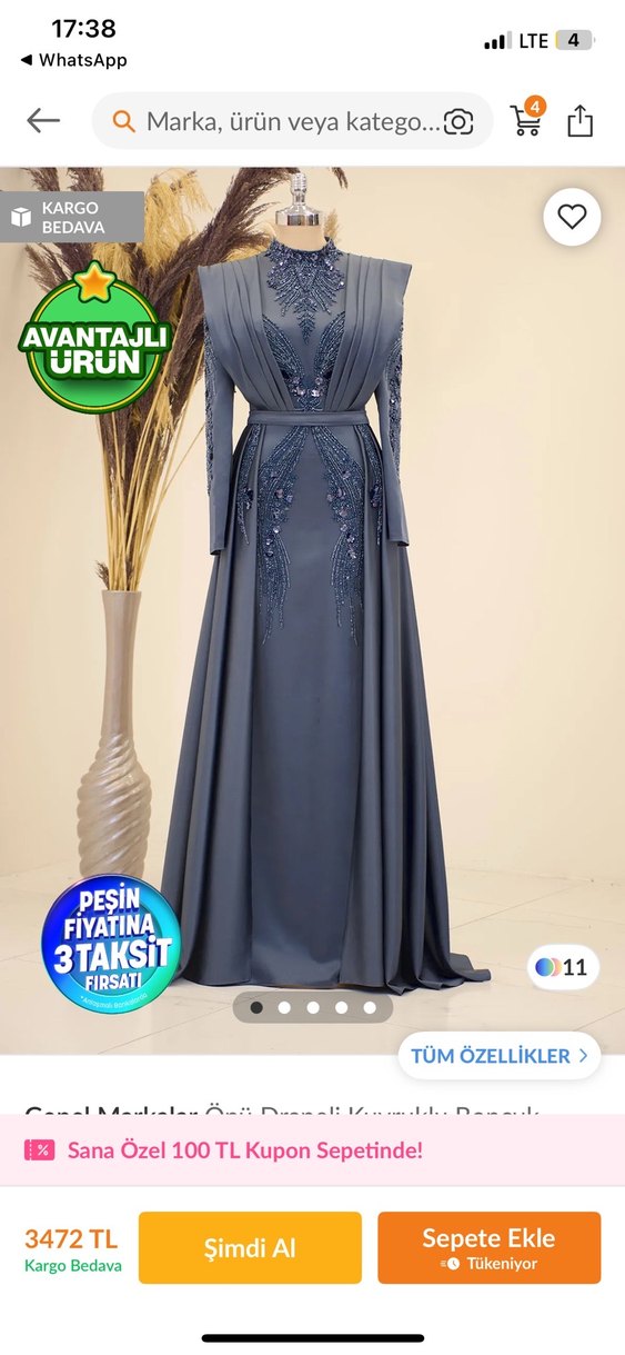 Uzun Kollu İşlemeli Gri Abiye Elbise - Görsel 2