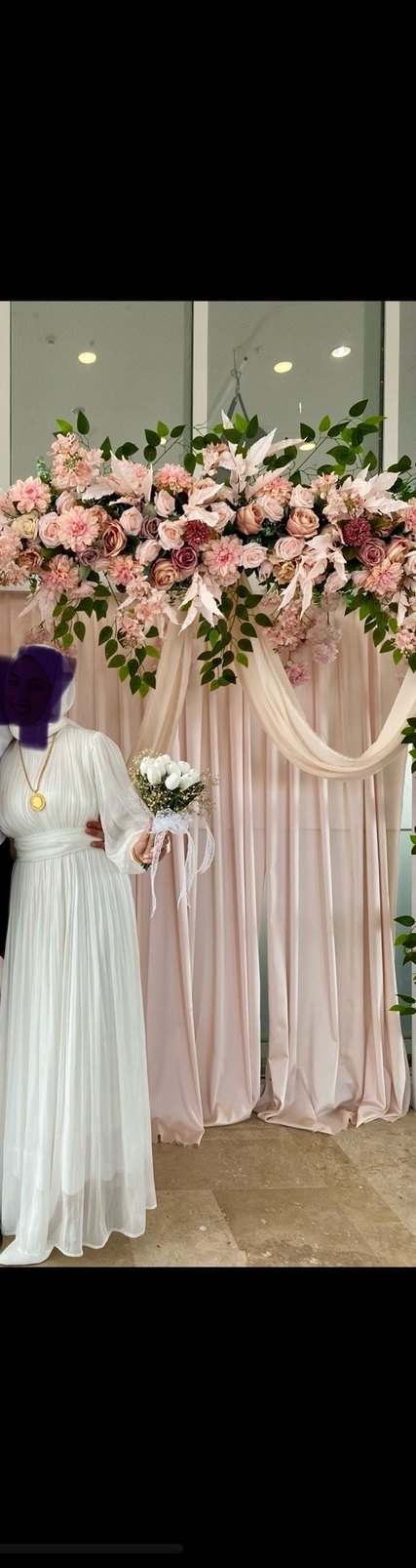 Beyaz Uzun Kollu Drapeli Tesettür Elbise - Görsel 4