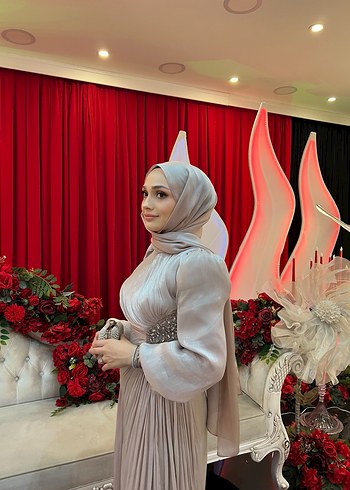 Abiye Uzun Kollu Drapeli Beyaz Sade Nişan Elbisesi