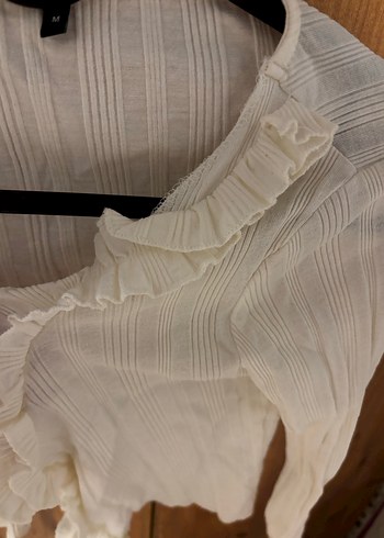 Fırfırlı Beyaz Keten V Yaka Bluz - Görsel 2