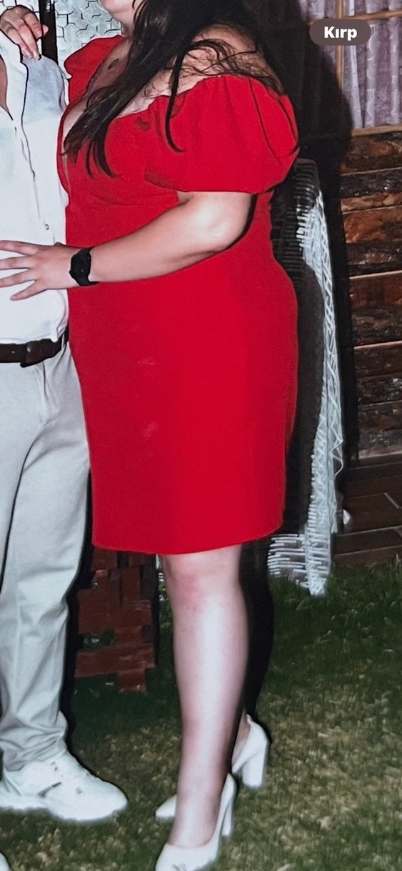 Parlak Kırmızı V Yakalı Balon Kollu Elbise - Görsel 2